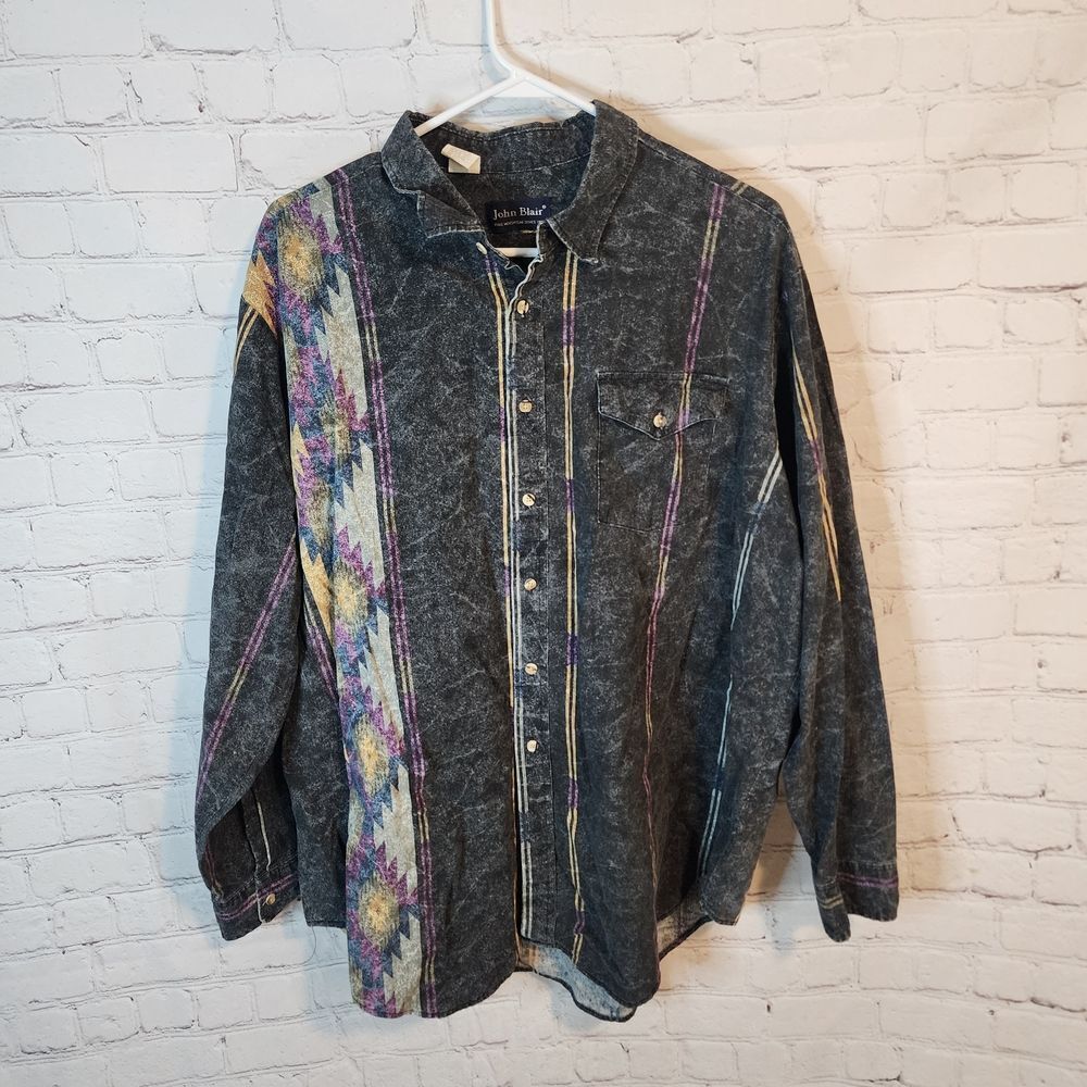 Men's John Blair Denim Black and Purple Button Down Shirt, Size XXL
